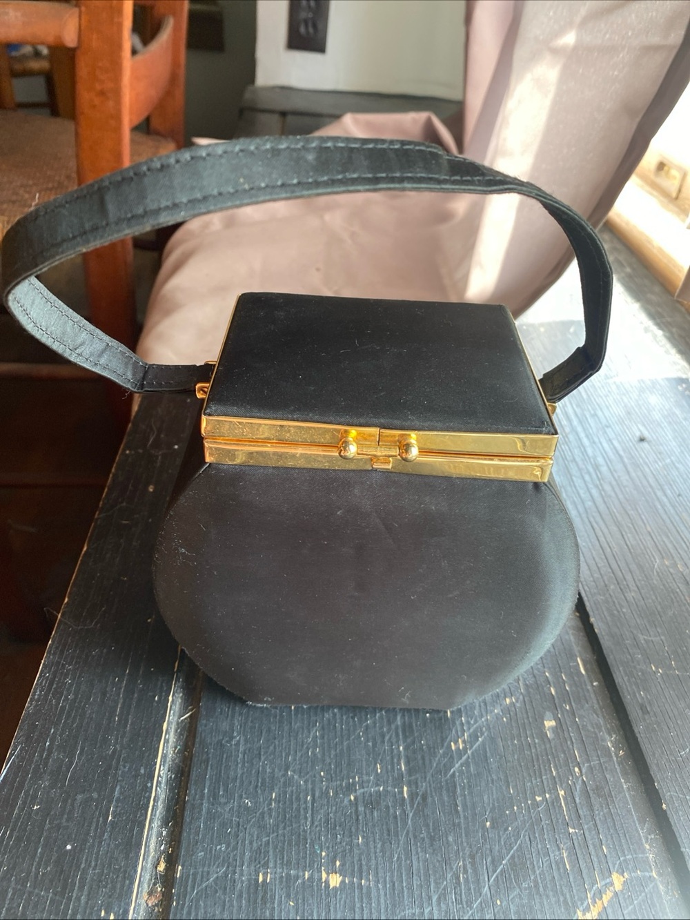 Black Satin Wristlet Clutch with Gold Frame